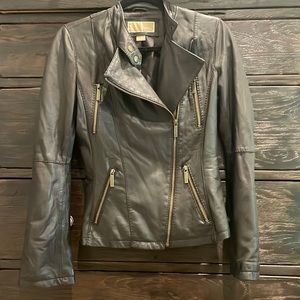 Michael Kors dark brown genuine leather motorcycle jacket brass hardware sz S